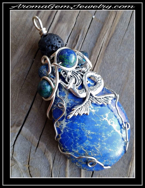 Essential oil diffuser necklace - mermaid pendant, magnesite, lapis