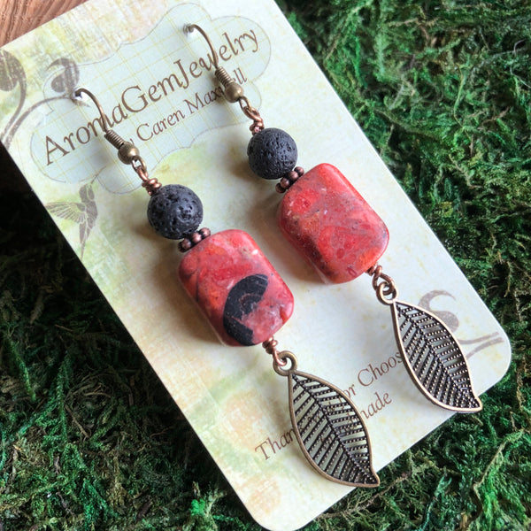 Essential oil diffuser earrings - antiqued bronze-leaf & coral