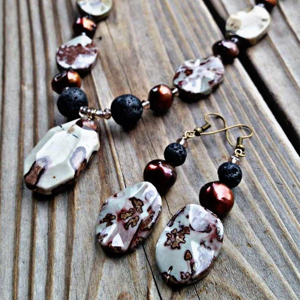 Essential oil diffuser necklace/earring set - Crazy Horse Jasper & cultured pearl
