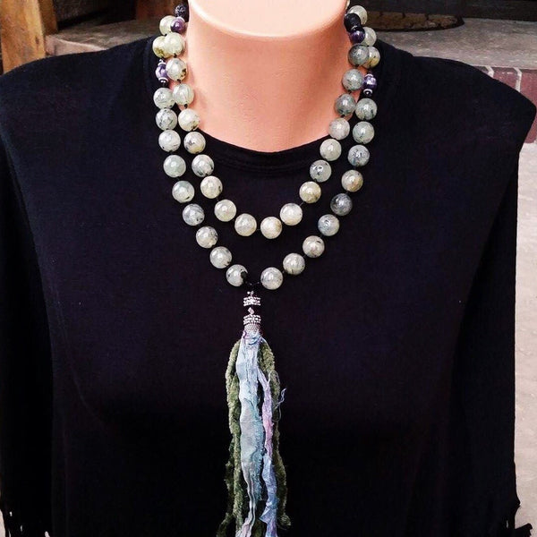 Essential oil diffuser necklace -Prehnite and Amethyst mala