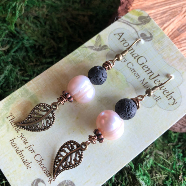 Essential oil diffuser earrings - antiqued bronze-leaf