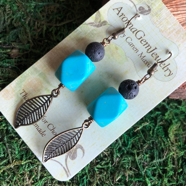 Essential oil diffuser earrings - antiqued bronze-leaf & turquoise magnesite