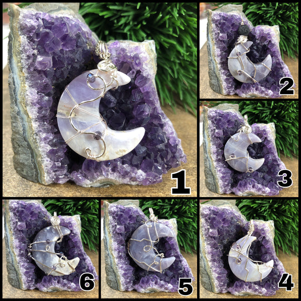 Wire wrapped Purple Chalcedony Crescent Moon Pendant