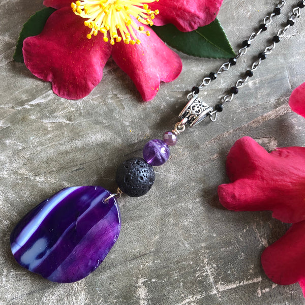 Essential oil diffuser necklace - purple & green agate