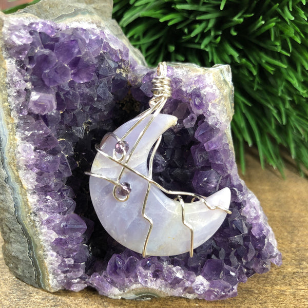 Wire wrapped Purple Chalcedony Crescent Moon Pendant