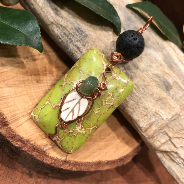 Essential oil diffuser necklace- nature-  leaf - green magnesite & copper