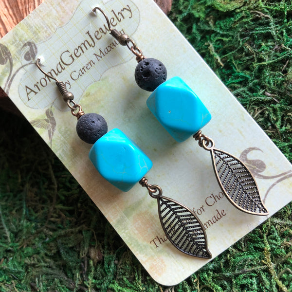 Essential oil diffuser earrings - antiqued bronze-leaf & turquoise magnesite