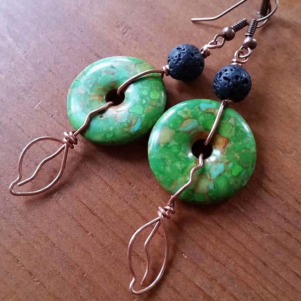 Essential oil diffuser earrings - copper leaf green stone