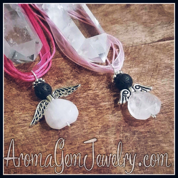 Essential oil diffuser necklace - rose quartz angel