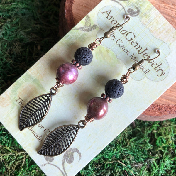 Essential oil diffuser earrings - antiqued bronze-leaf