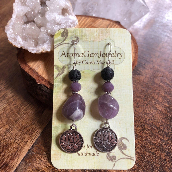 Essential oil diffuser earrings - Amethyst - lotus - Sterling Silver