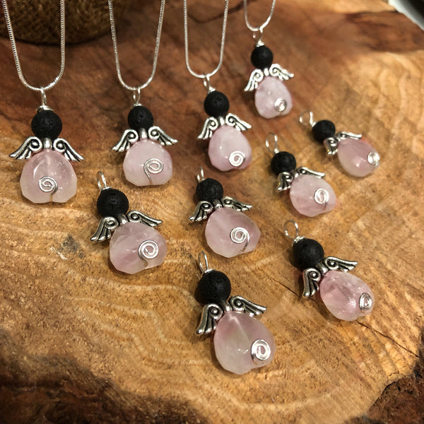 Essential oil diffuser necklace - rose quartz angel