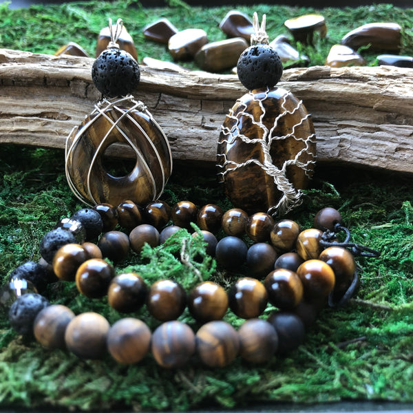 Essential oil diffuser necklace -  Wire Wrapped Tiger Eye Donut