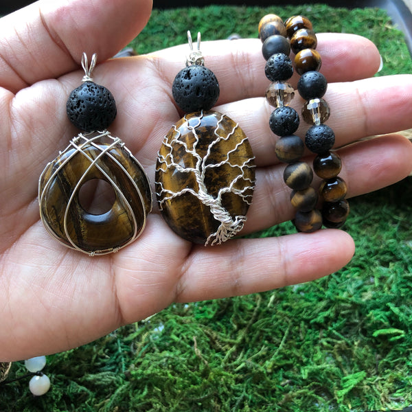 Essential oil diffuser necklace -  Wire Wrapped Tiger Eye Donut