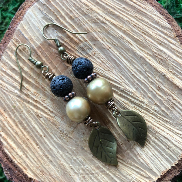 Essential oil diffuser earrings - antiqued bronze-leaf