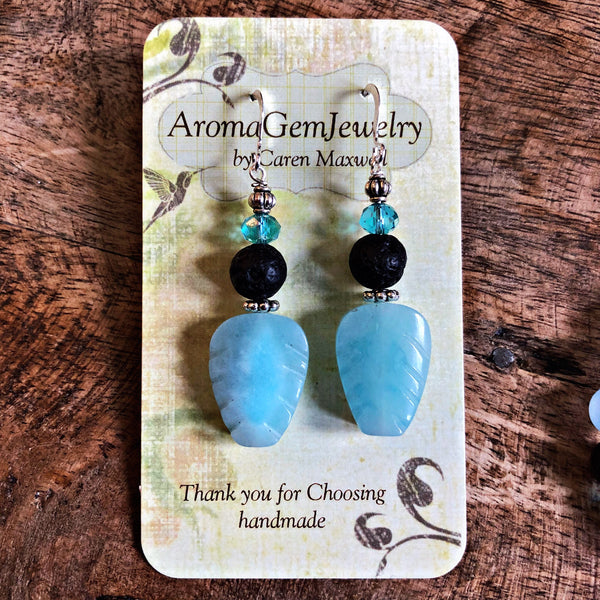 Essential oil diffuser earrings - aqua quartz - leaf - Sterling Silver