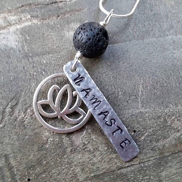 Essential oil diffuser necklace - hand stamped - Namaste / Lotus