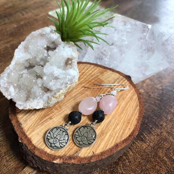 Essential oil diffuser earrings - Rose quartz - lotus - Sterling Silver