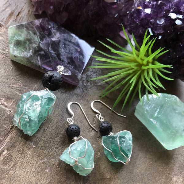 Essential oil diffuser necklace/earring set - raw flourite