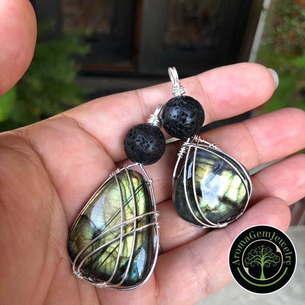 Essential oil diffuser pendant -sterling silver wire wrapped large Labradorite
