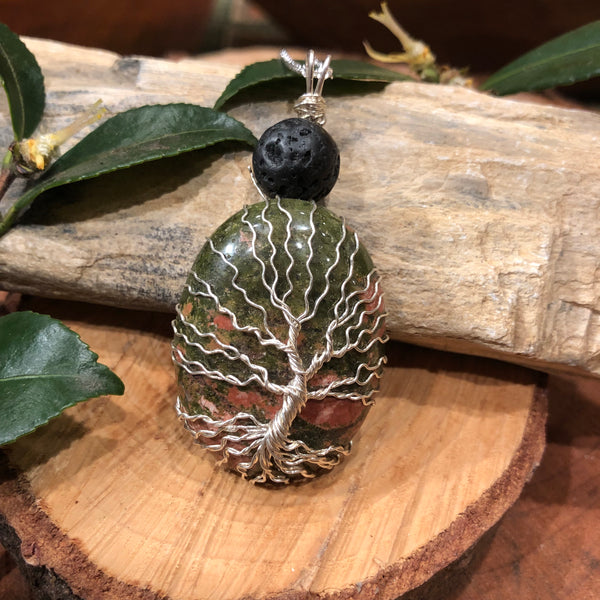 Essential oil diffuser necklace - handmade tree of life - Unakite