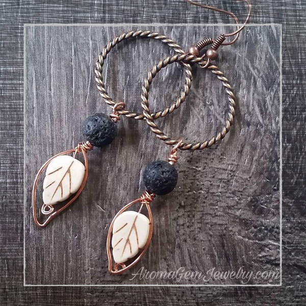 Essential oil diffuser earrings - fall leaves - white magnesite & copper
