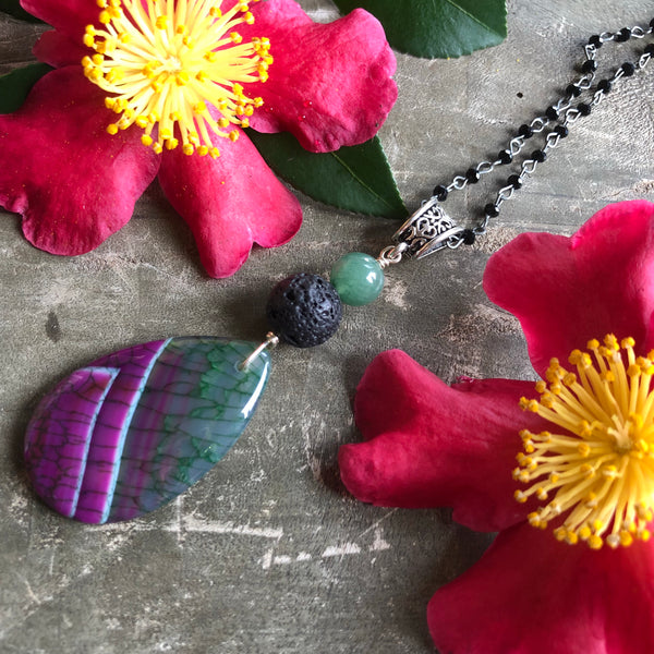 Essential oil diffuser necklace - purple & green agate