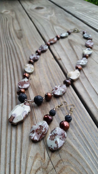 Essential oil diffuser necklace/earring set - Crazy Horse Jasper & cultured pearl