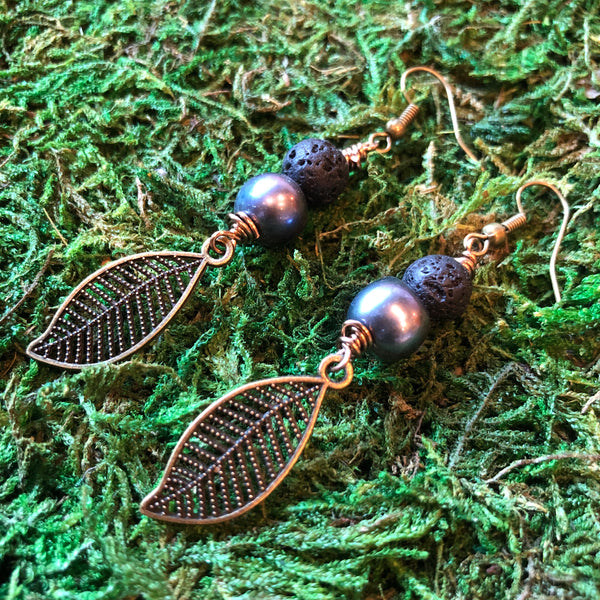 Essential oil diffuser earrings - antiqued bronze-leaf
