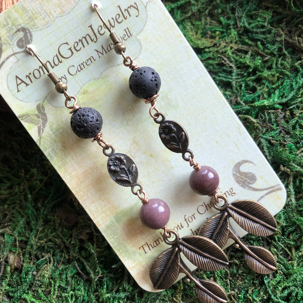 Essential oil diffuser earrings - antiqued bronze-leaf & fancy jasper