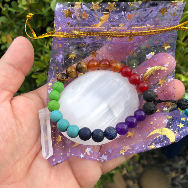Chakra Essential oil diffuser bracelet set - with Selenite and Quartz crystal