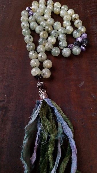 Essential oil diffuser necklace -Prehnite and Amethyst mala