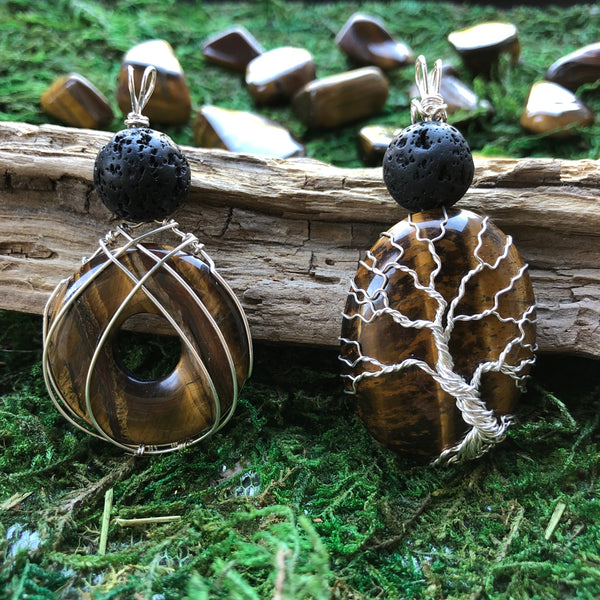 Essential oil diffuser necklace -  Wire Wrapped Tiger Eye Donut