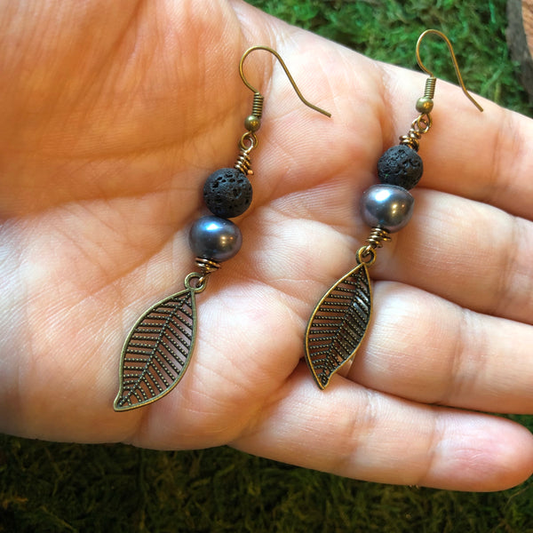 Essential oil diffuser earrings - antiqued bronze-leaf