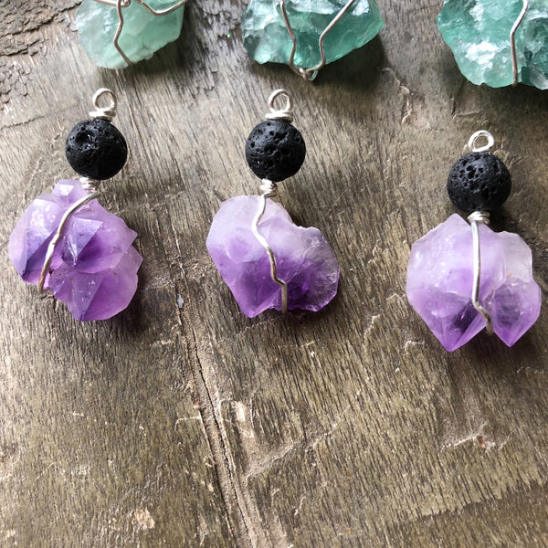 Essential oil diffuser necklace - raw amethyst cluster