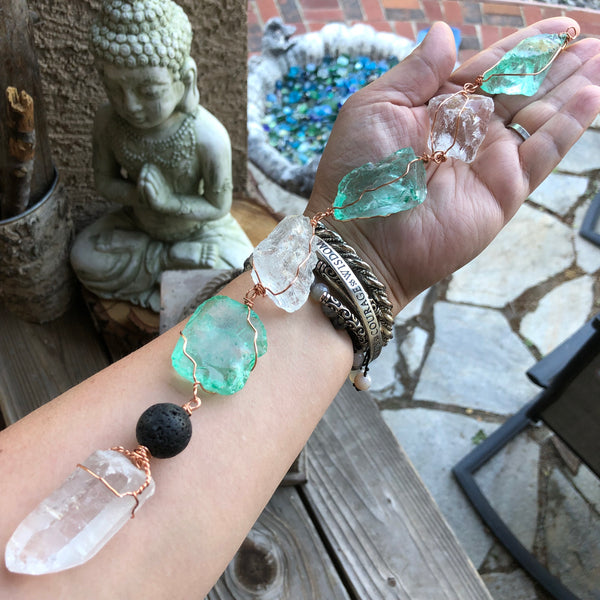 Sea glass, lava, quartz crystal sun-catcher, wind chime