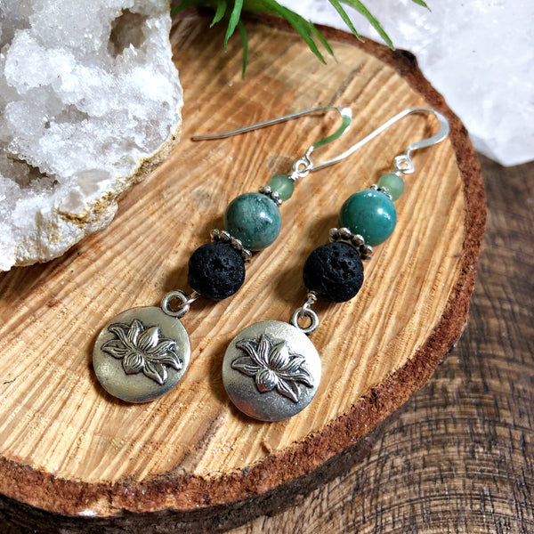 Essential Oil Diffuser earrings - Fancy Jasper- lotus - Sterling Silver