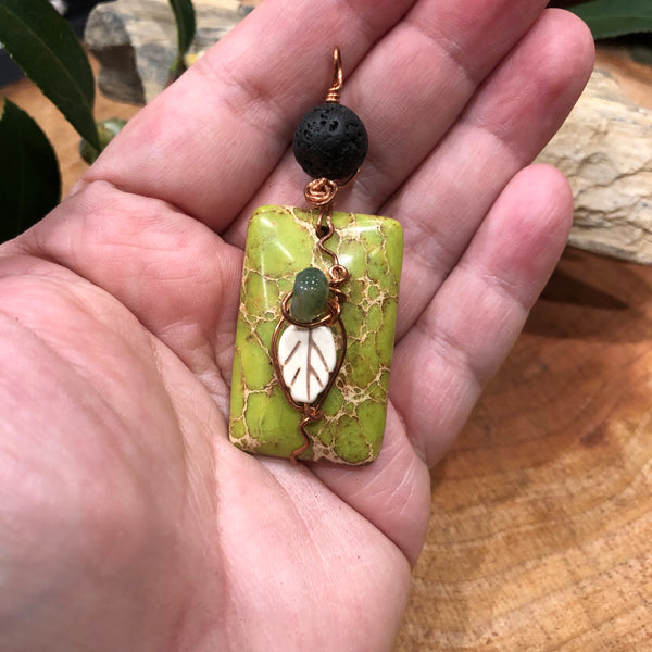 Essential oil diffuser necklace- nature-  leaf - green magnesite & copper