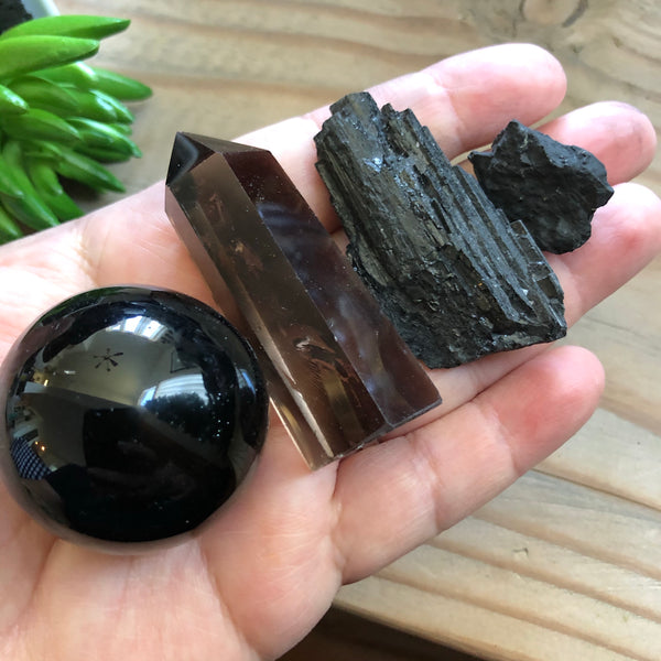Protection Bundle (Obsidian sphere, Smokey Quartz tower, Black Tourmaline, Shungite)