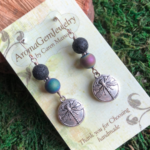 Essential oil diffuser earrings - sterling silver -leaf & rainbow druzy agate