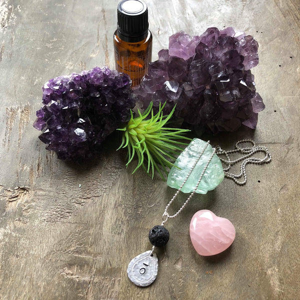 Hand stamped essential oil diffuser necklace - drop charm