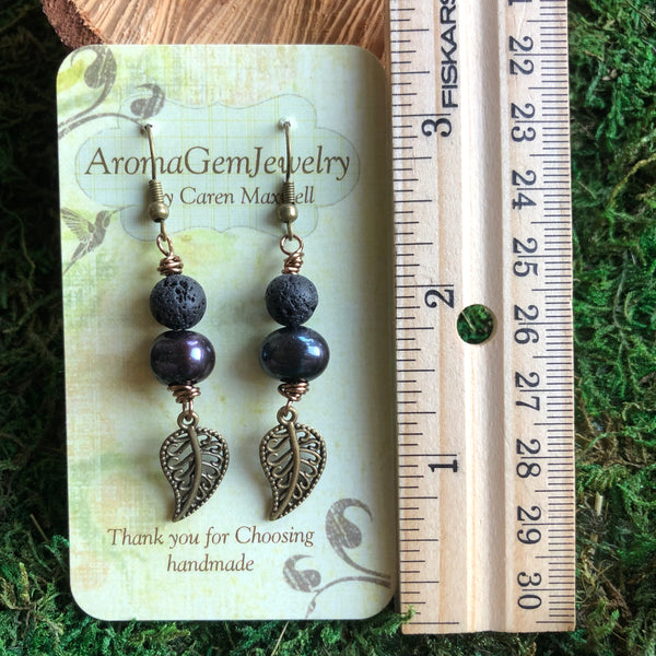 Essential oil diffuser earrings - antiqued bronze-leaf