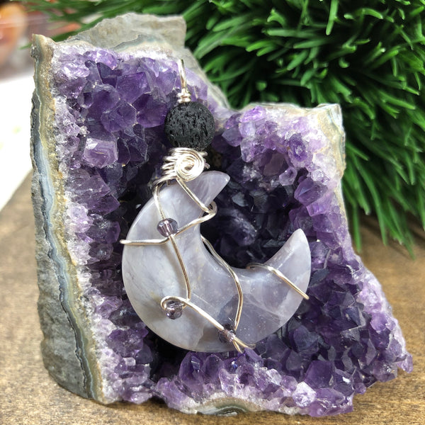 Wire wrapped Purple Chalcedony Crescent Moon Pendant