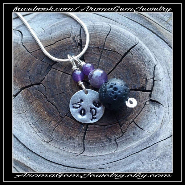 Essential oil diffuser necklace - minimalist - amethyst - hand stamped Hope charm