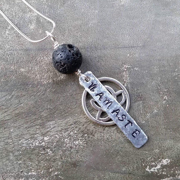 Essential oil diffuser necklace - hand stamped - Namaste / Lotus