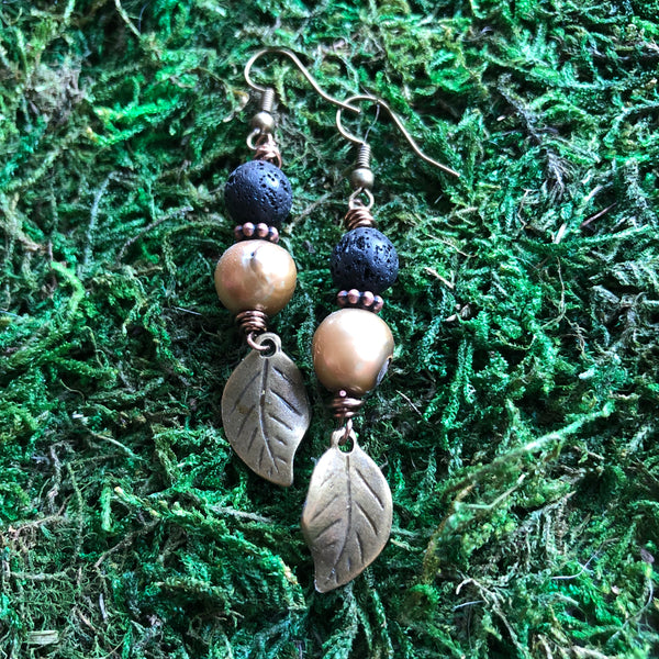 Essential oil diffuser earrings - antiqued bronze-leaf