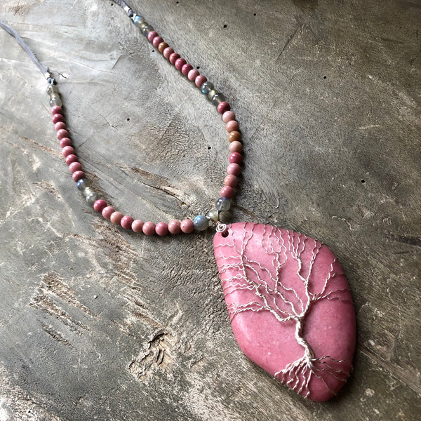 Rhodochrosite Tree of Life Aromatherapy necklace