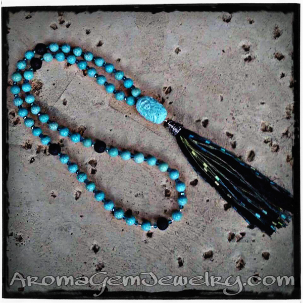 Essential oil diffuser necklace - blue Magnesite - mala - tassel