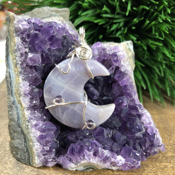 Wire wrapped Purple Chalcedony Crescent Moon Pendant
