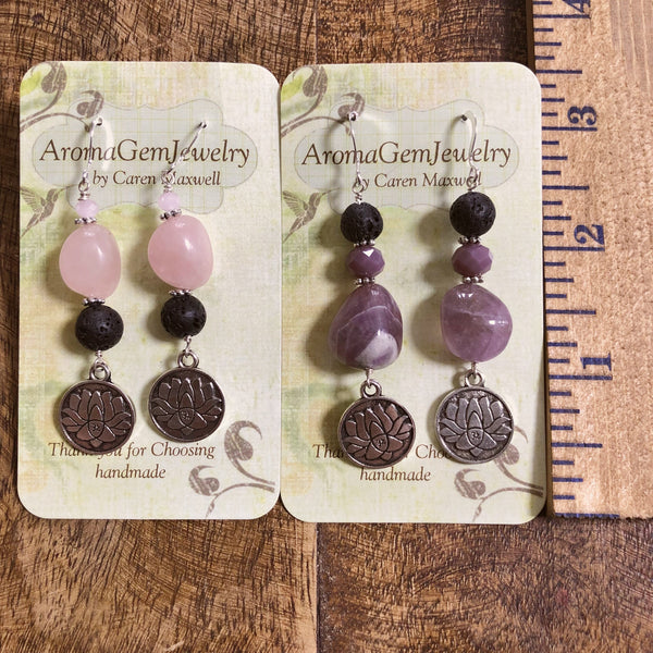 Essential oil diffuser earrings - Rose quartz - lotus - Sterling Silver